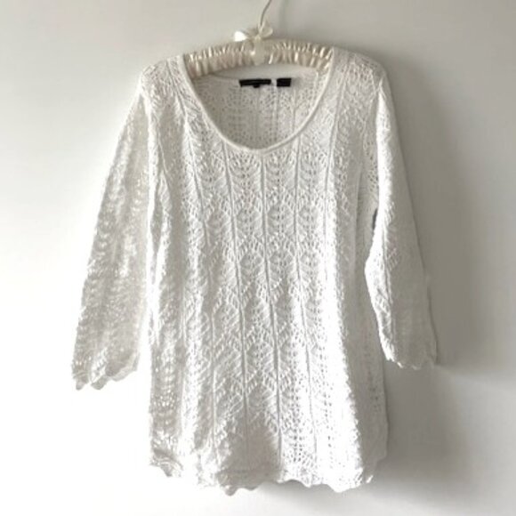 Jeanne Pierre White Cotton Lace Sweater with Scalloped Edges - Picture 1 of 6